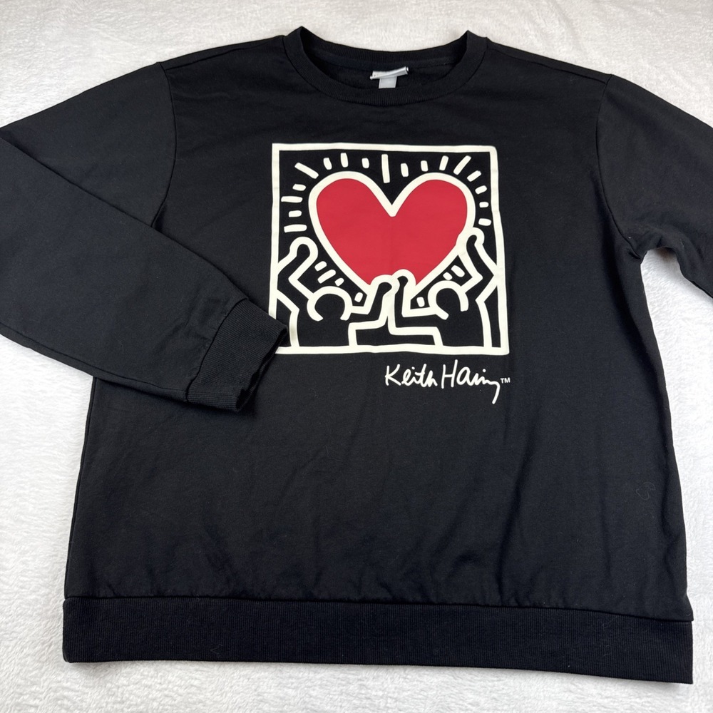 Keith Haring Sweatshirt Womens M Black Heart Graphic Pullover Crew Neck